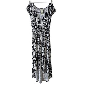 ICE Womens Hi-Low Beaded Waist Dress Size 14 Black White Abstract Short Sleeve